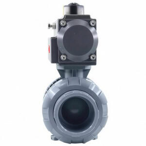 Front view of CPVC pneumatic ball valve showing the smooth socket end for solvent welding and full port design for zero pressure drop.