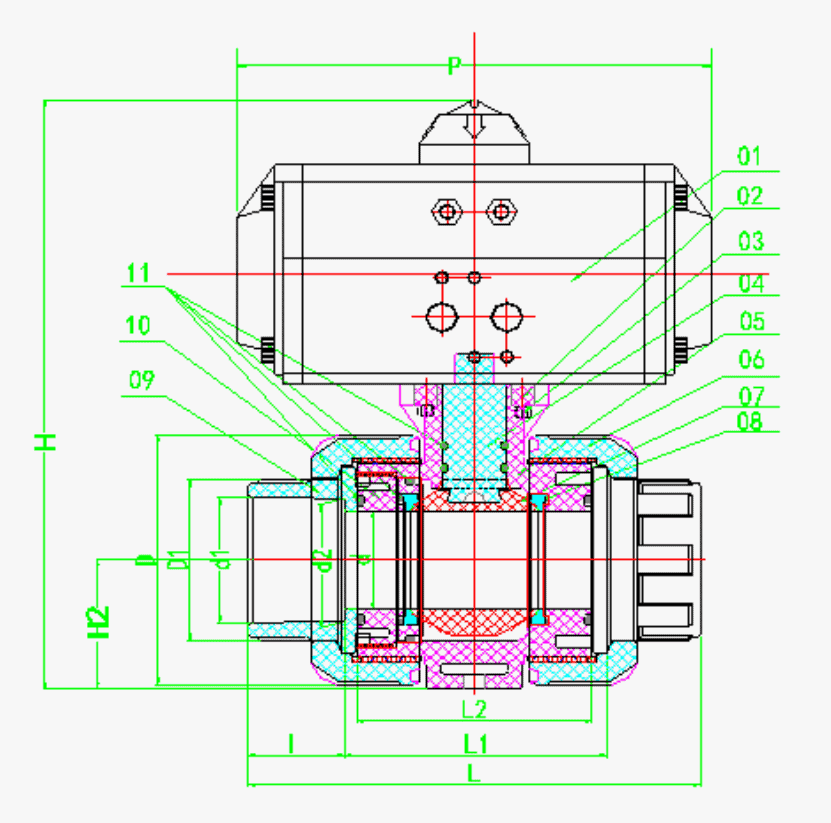 Engineering drawing and dimensions of Huiya CPVC pneumatic true union ball valve (DN15-DN100), showing structural components and installation footprints.