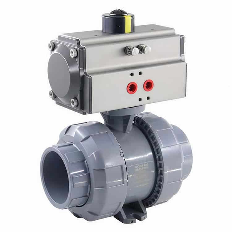 Huiya fully assembled CPVC pneumatic automated ball valve, highly resistant to corrosive chemicals and high temperatures.