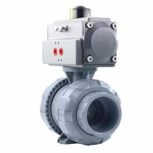 Industrial CPVC air actuated double union ball valve with double acting pneumatic actuator for chemical fluid control.