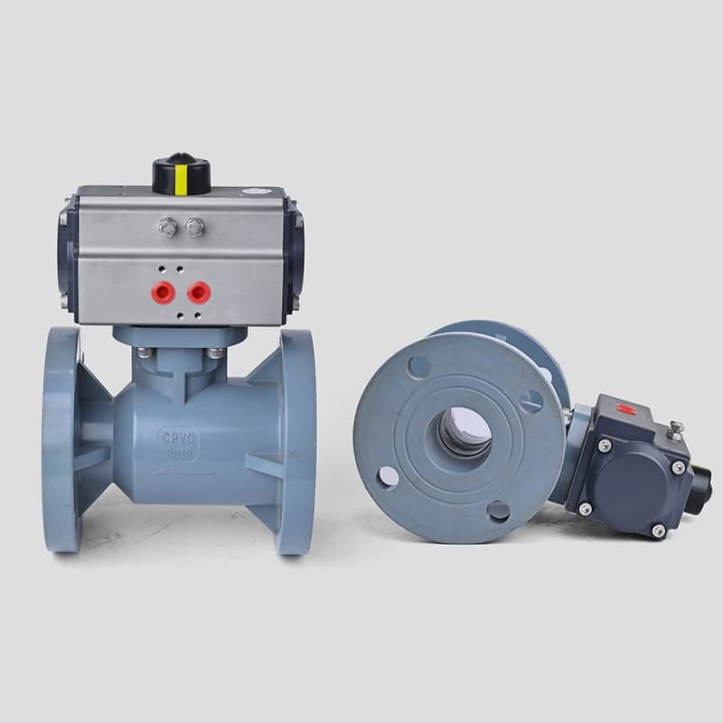 Front view of Huiya CPVC pneumatic flanged ball valve, featuring an integral one-piece molded flange for zero root leakage.