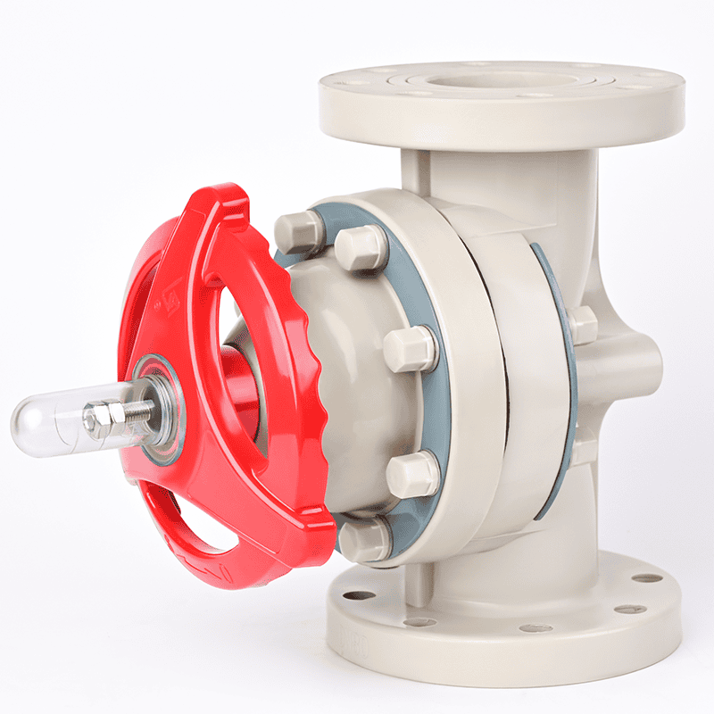 Manual flanged PPH plastic diaphragm valve with a red handwheel and transparent position indicator cap for industrial caustic soda piping