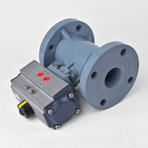 ully assembled industrial CPVC air actuated flange ball valves, designed for automated fluid control in chemical plants.