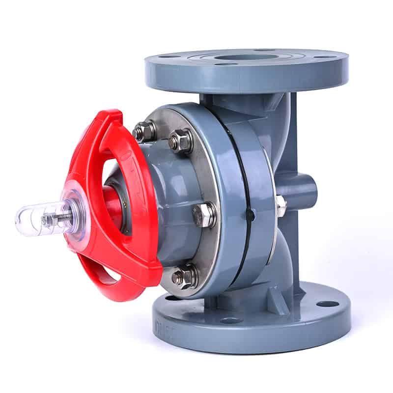 Manual flanged CPVC plastic diaphragm valve with a red handwheel and clear position indicator stem for high-temperature chemical piping