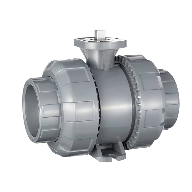 Actuation-ready CPVC true union ball valve with an ISO 5211 mounting pad for automatic process fluid control