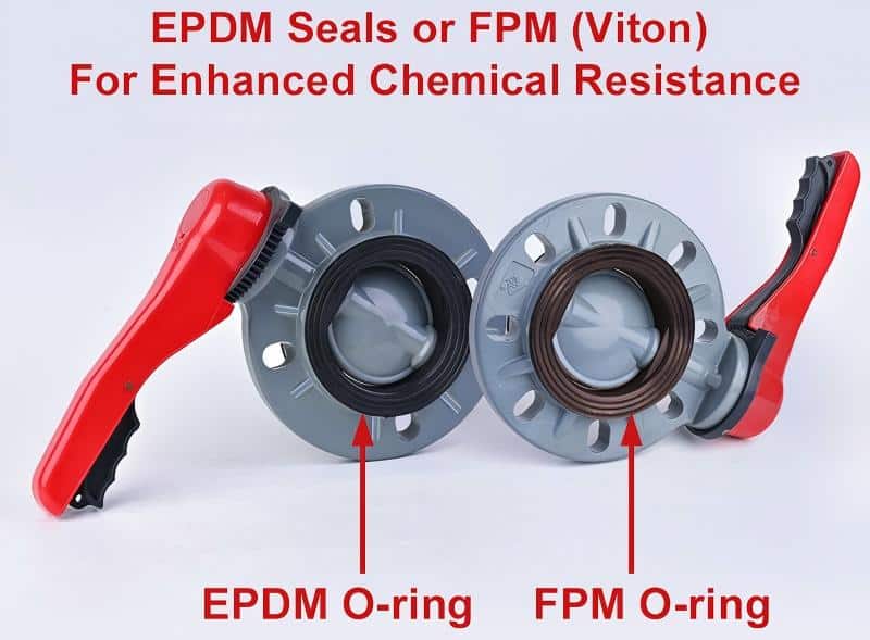 Two CPVC handle butterfly valves on display, highlighting EPDM and FPM Viton O-ring seal options designed for enhanced chemical resistance in hot corrosive pipelines