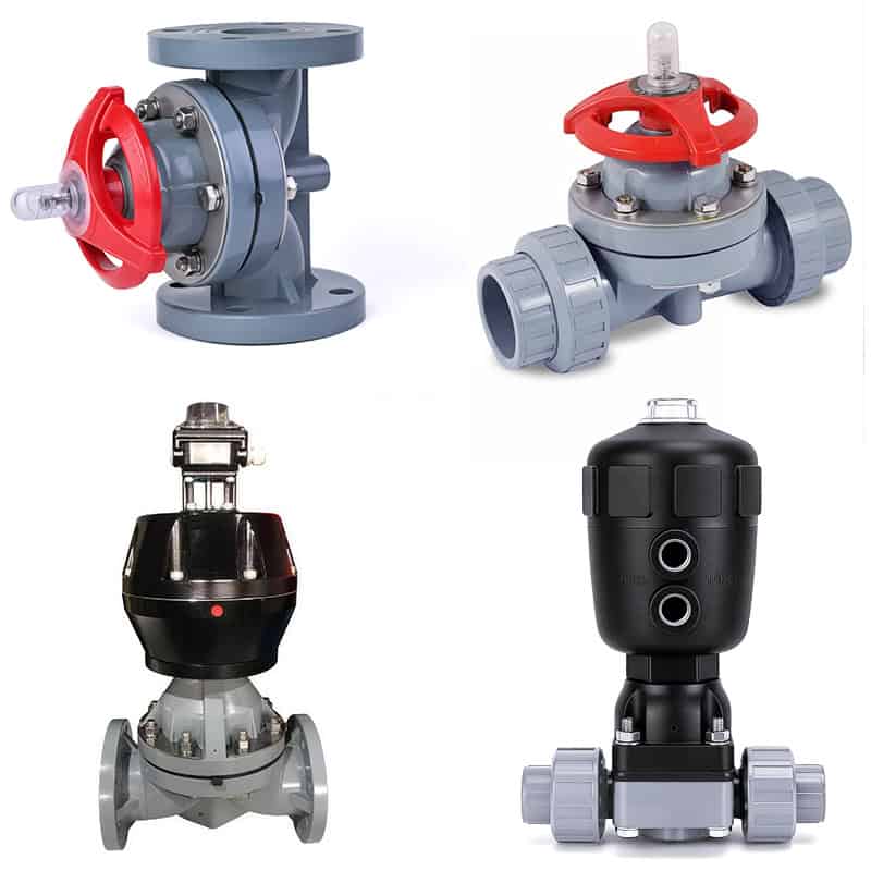 Composite product catalog of CPVC diaphragm valves, showcasing both manual and pneumatic actuated models in flanged and true union/socket connections for industrial fluid control