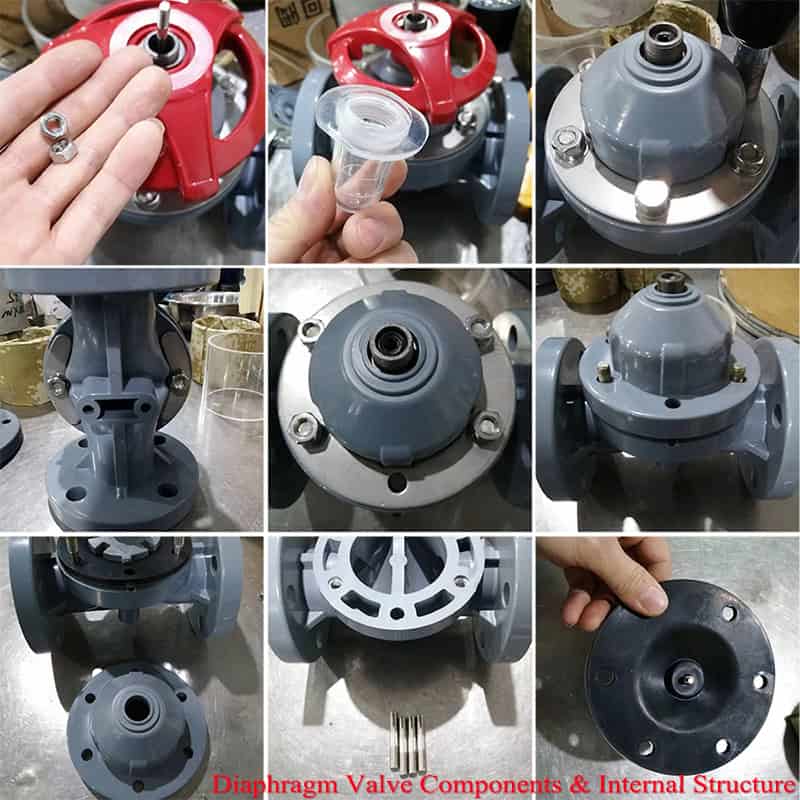 A 9-photo grid detailing the internal structure and components of a CPVC flanged diaphragm valve, showcasing real-life factory assembly and disassembled parts