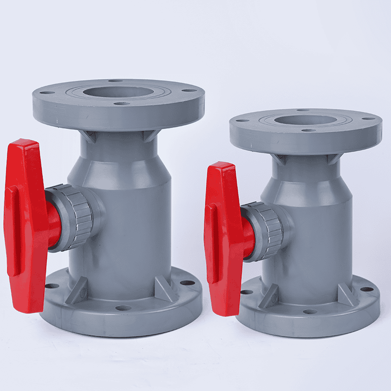 Two CPVC manual flanged ball valves with red handles in different sizes for hot acid piping systems