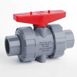 CPVC manual true union ball valve with a bright red handle for high-temperature corrosive chemical processing