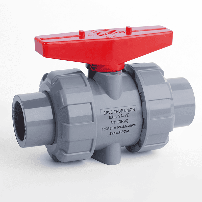 CPVC manual true union ball valve with a bright red handle for high-temperature corrosive chemical processing