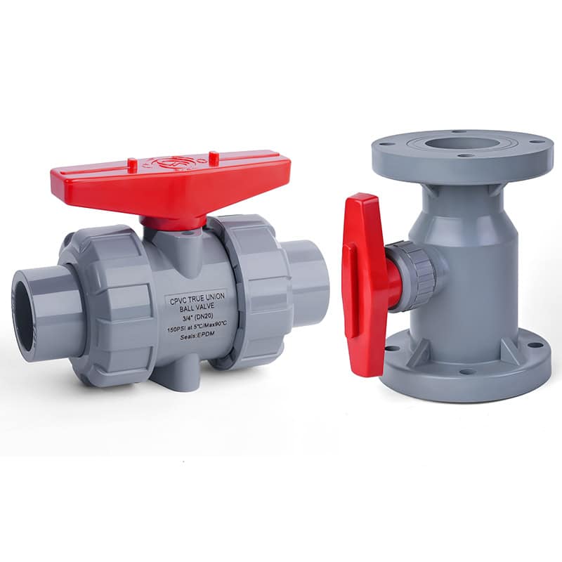 CPVC true union and flanged ball valves with red handles, showing a comparison of socket and flange connections for industrial hot acid piping