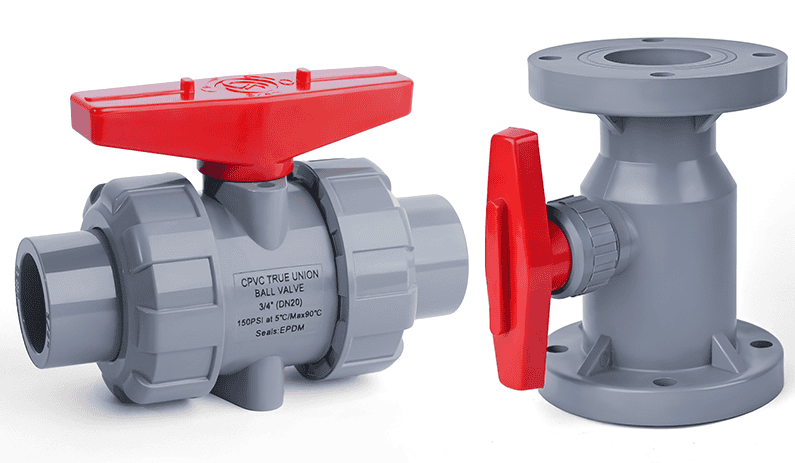 CPVC true union and flanged ball valves with red handles, showing a comparison of socket and flange connections for industrial hot acid piping