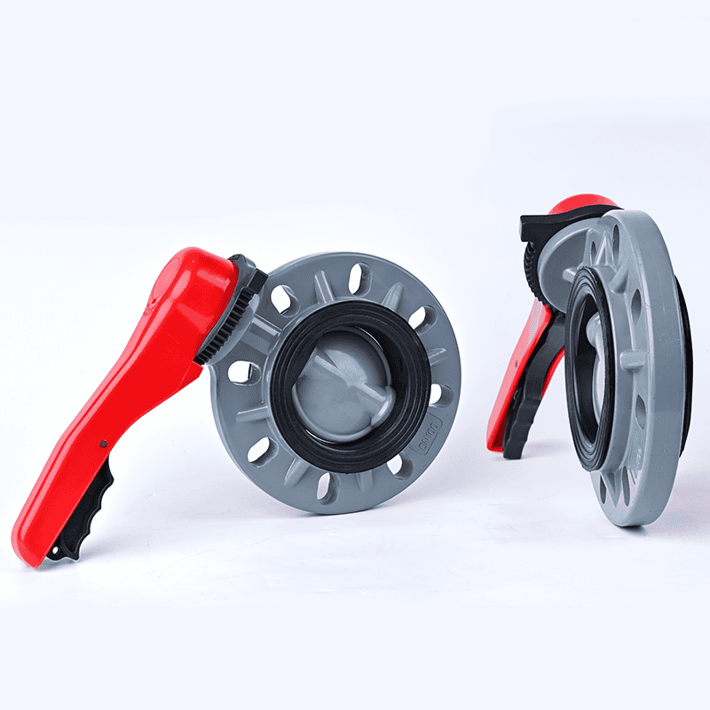 Two lever-operated CPVC wafer-type plastic butterfly valves with bright red handles, showing front and profile views for industrial high-temperature corrosive pipelines