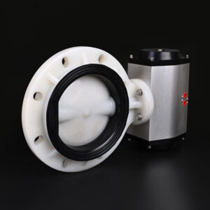 Angled view of an automated fluoropolymer PVDF butterfly valve assembly, offering ultimate chemical resistance in harsh industrial environments.