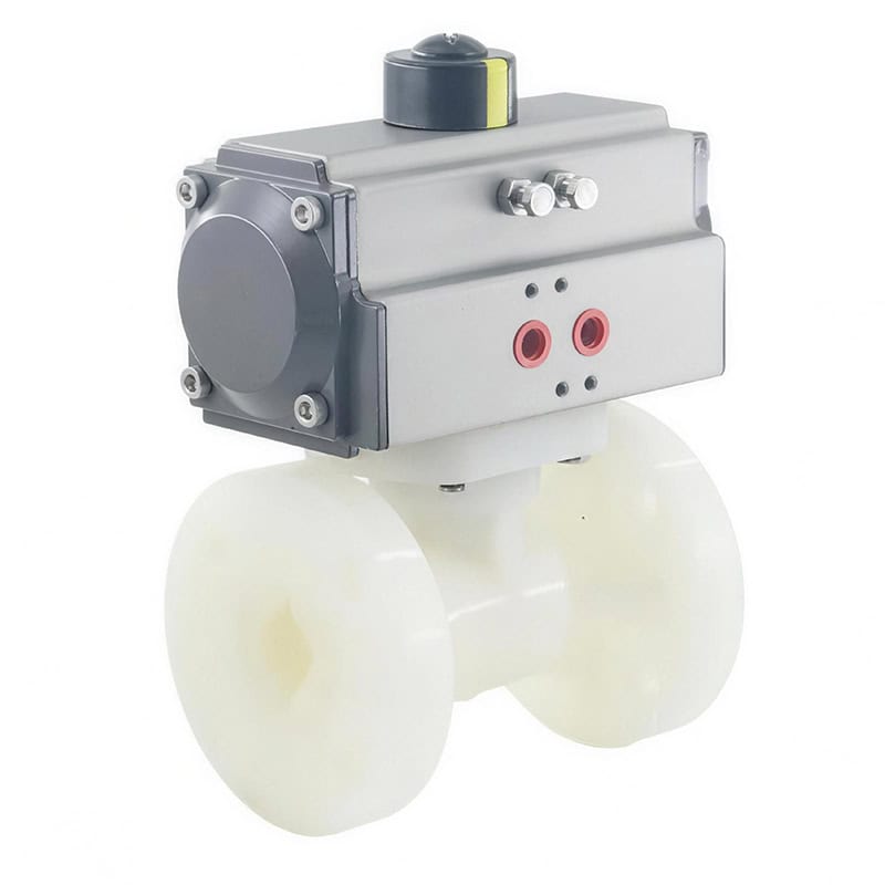 Angled view of an automated fluoropolymer PVDF flanged ball valve, guaranteeing absolute chemical inertness in semiconductor and ultrapure water applications