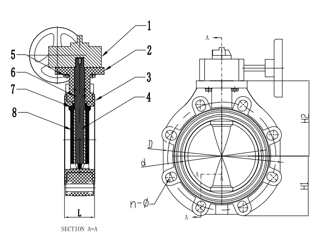 Technical dimensional drawing of a worm-gear operated plastic butterfly valve with handwheel showing installation sizes H1, H2, and L