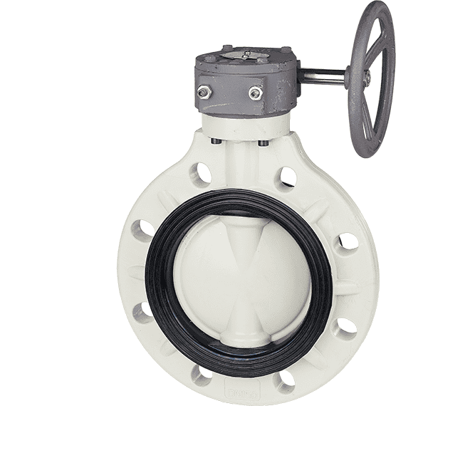 Worm-gear operated wafer-type PPH plastic butterfly valve with a manual handwheel and gearbox for larger industrial alkaline pipelines