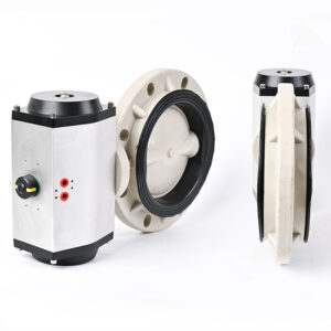 Fully assembled PPH pneumatic wafer butterfly valve, designed for high-temperature and corrosive chemical fluid control.