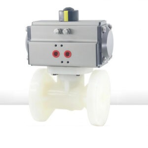 Side profile of a heavy-duty PVDF air actuated flange ball valve, built to withstand highly corrosive media and high pipeline vibration.