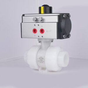 Side profile of an air actuated PVDF double union ball valve, engineered to withstand extreme high temperatures and highly corrosive hot acids.
