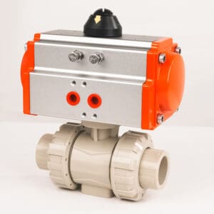 High temperature PPH automated ball valve equipped with a double-acting pneumatic actuator, ideal for metallurgy and water treatment.