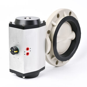 Heavy-duty PPH air actuated butterfly valve with double-acting pneumatic actuator, ensuring reliable automated isolation in pipelines.