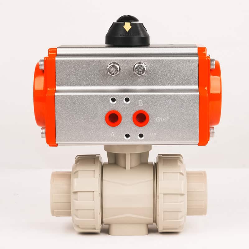 Front view of Huiya heavy-duty PPH pneumatic true union valve. The robust structure withstands harsh industrial chemical environments