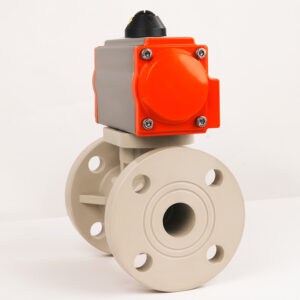 Angled view of Huiya PPH pneumatic flange valve, highlighting the full port design to minimize pressure drop and the standard drilled flange.