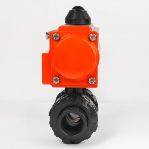 Side profile of Huiya PVC pneumatic ball valve, highlighting the full port spherical core design that guarantees zero pressure drop in high-flow systems.