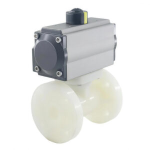 Front face of Huiya PVDF automated flange valve, highlighting the full port spherical core design that ensures zero pressure drop and zero ion leaching.