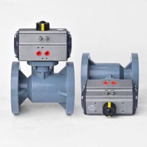 Angled view of an automated CPVC flanged ball valve, highlighting the full port design to minimize pressure drop in pipelines.