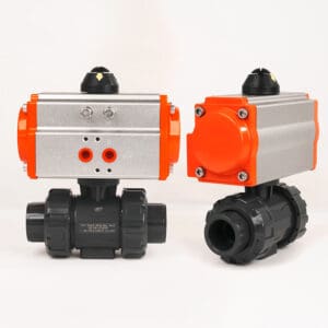 Industrial PVC air actuated true union ball valves with smooth socket ends, ideal for automated water treatment and chemical dosing systems.