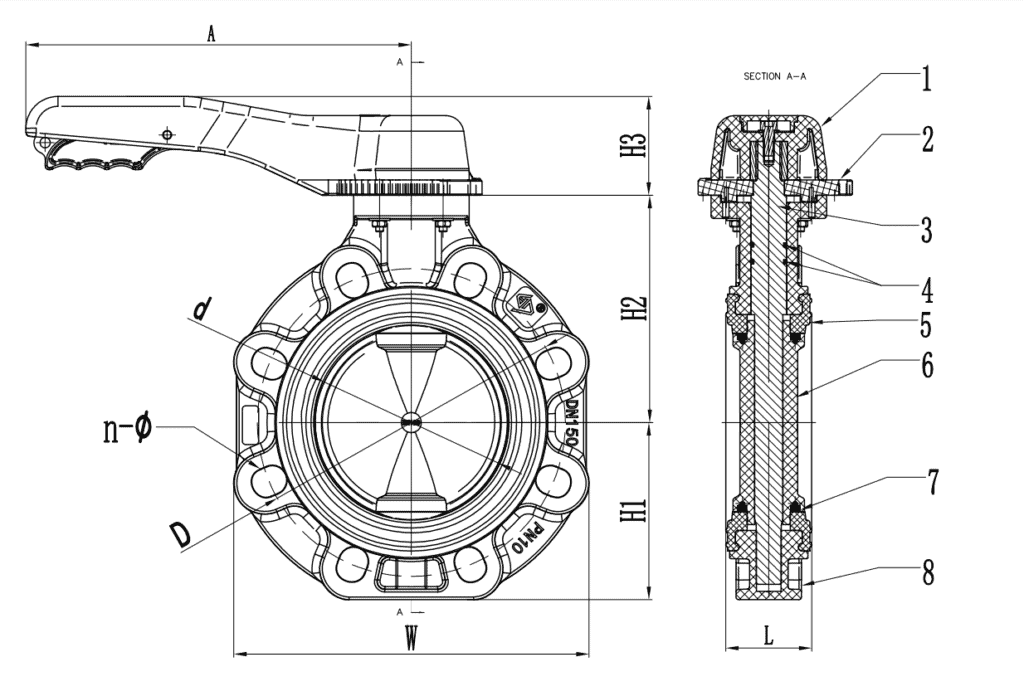 Technical dimensional drawing of a lever-operated plastic butterfly valve showing engineering parameters including H1, H2, H3, L, and W