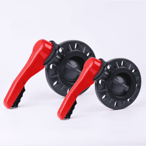 Two lever-operated UPVC wafer butterfly valves with red handles displaying multiple viewing angles for water treatment and chemical pipelines