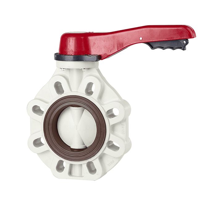 Lever-operated lug-type PPH plastic butterfly valve featuring a multi-hole lug alignment body and a red handle for industrial corrosive fluid control