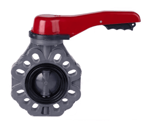 Lever-operated lug-type PVC plastic butterfly valve featuring a multi-hole lug alignment body and a red handle for industrial corrosive fluid control