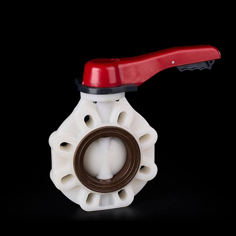 Lever-operated lug-type PVDF plastic butterfly valve with premium Viton seals and a red handle for highly corrosive chemical industrial pipelines