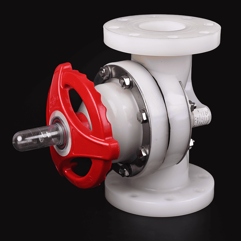 Manual flanged PVDF plastic diaphragm valve with a bright red handwheel and clear stem indicator, designed for industrial corrosive chemical pipelines and semiconductor UPW loops