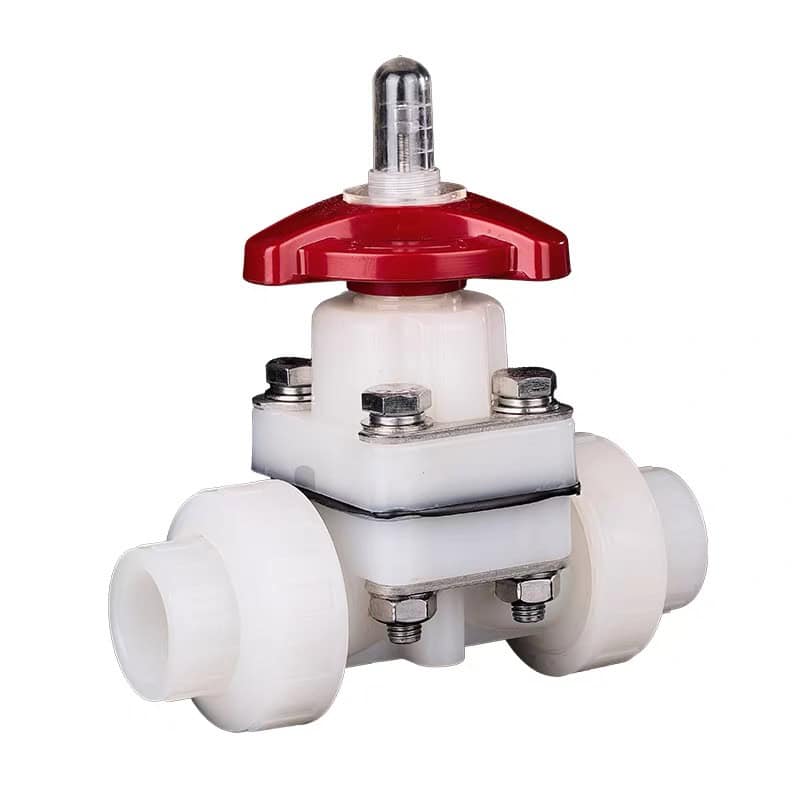 Manual socket-type PVDF plastic diaphragm valve with a red handwheel and visual position indicator for high-purity chemical piping