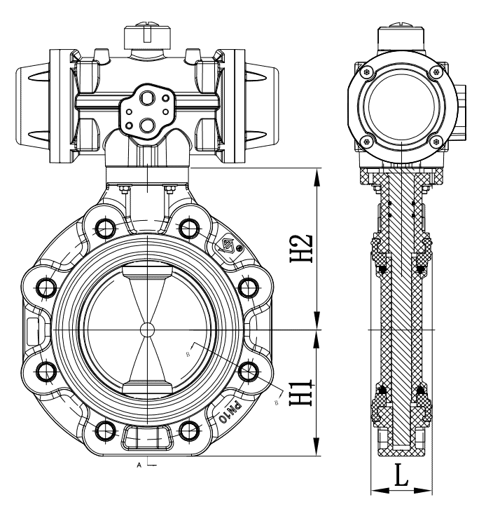 Technical dimensional drawing showing dimensions (L, H1, H2) of a pneumatic actuated plastic butterfly valve, applicable to UPVC, CPVC, PPH, and PVDF series
