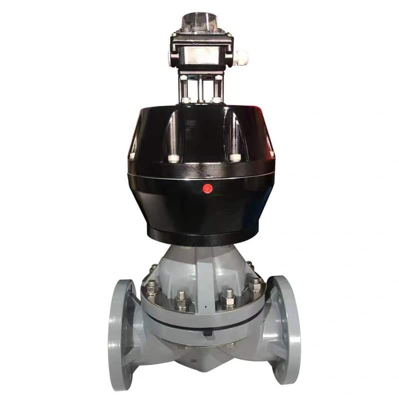 Pneumatic actuated CPVC flanged diaphragm valve equipped with a heavy-duty linear actuator and limit switch box for automatic fluid control