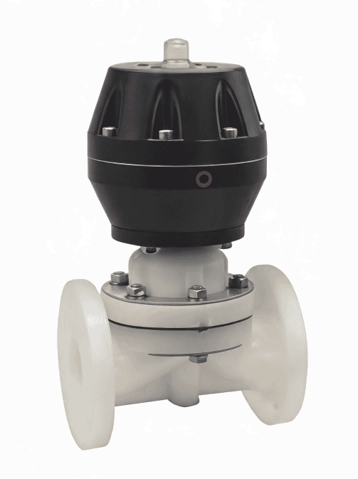 Pneumatic actuated PVDF flanged diaphragm valve with a heavy-duty linear actuator and visual position indicator for automatic corrosive chemical pipelines