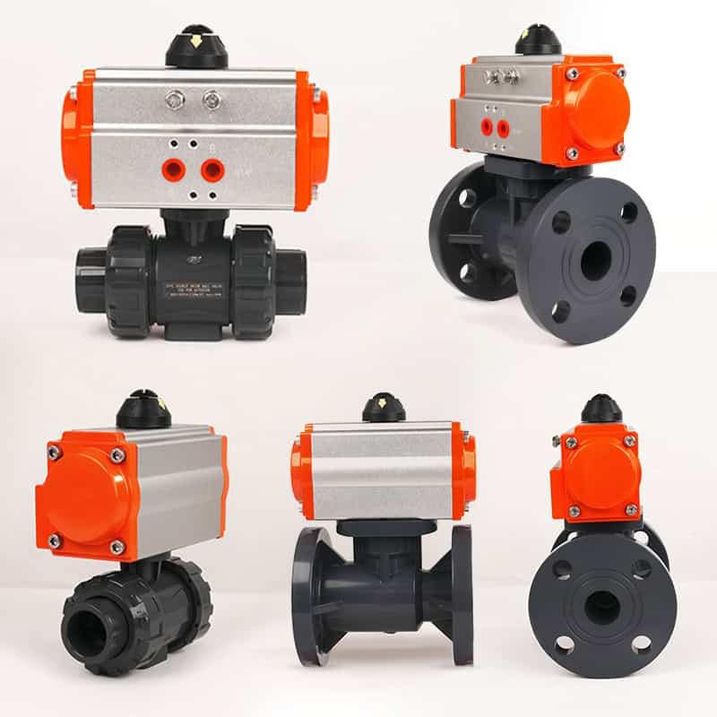 Composite catalog image of pneumatic plastic ball valves and fittings, displaying both true union and flanged ball valves from multiple viewing angles