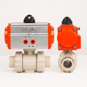 Fully assembled pneumatic PPH double union ball valve, highly resistant to hot alkalis and strong acids in chemical fluid control.