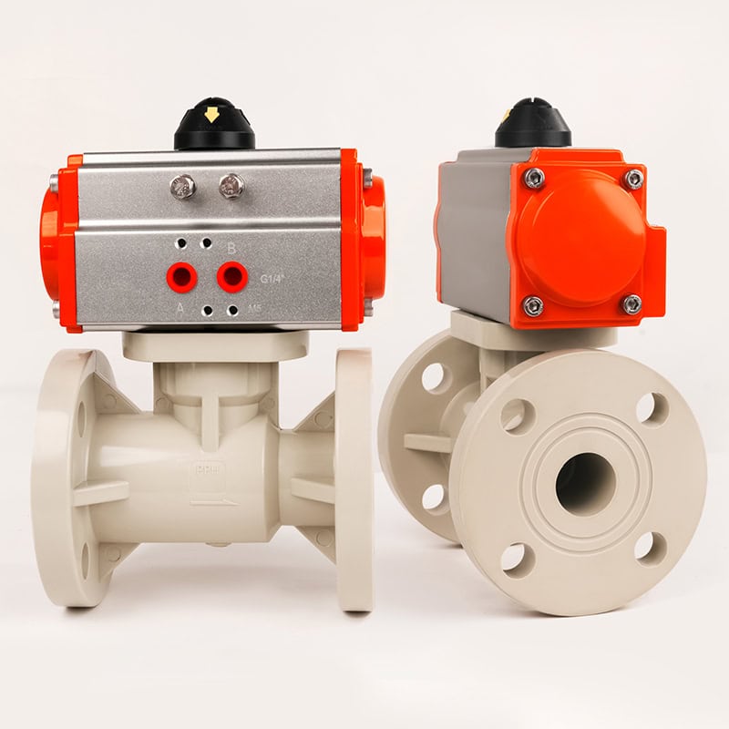 Fully assembled pneumatic PPH flanged ball valves, highly resistant to hot alkalis and strong acids for automated chemical fluid control.