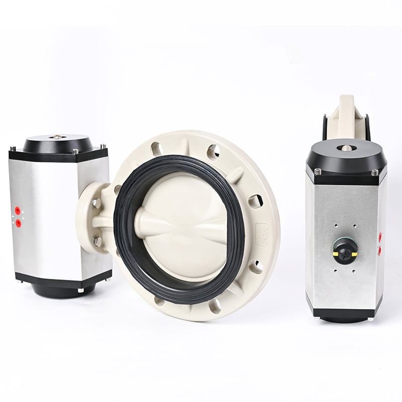 PPH bare shaft butterfly valve placed next to a pneumatic actuator, highlighting the ISO 5211 direct mounting pad for easy automation.