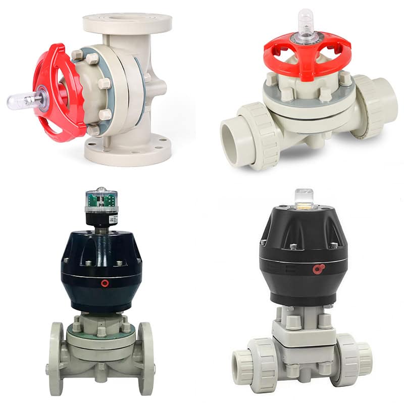 Composite product catalog of PPH diaphragm valves, showcasing both manual and pneumatic actuated models in flanged and true union/socket connections for industrial fluid control