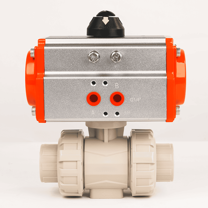 PPH pneumatic true union ball valve with rack-and-pinion actuator and visual position indicator