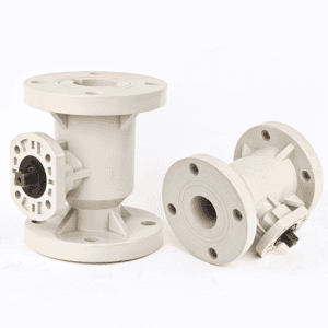 High-durability PPH flanged ball valve body with an actuator mounting pad for automated industrial piping systems